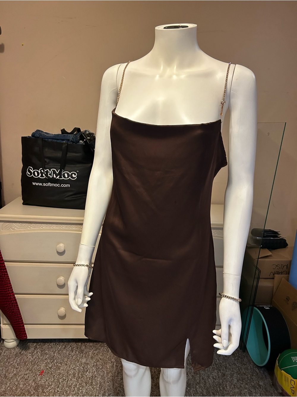 Streetwear Society Brown Satin Slip Dress with Chain Straps